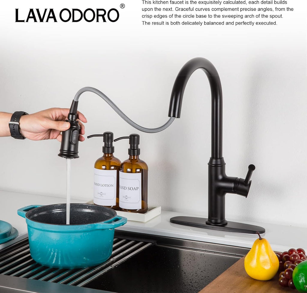 Lava Odoro Curtura Matte Black Kitchen Faucet with Pull-Down Sprayer, Single Handle Kitchen Sink Faucet Black Faucet for Kitchen Sink 1 Hole, Deck Plate Included, 1.8 GPM, KF421-MB