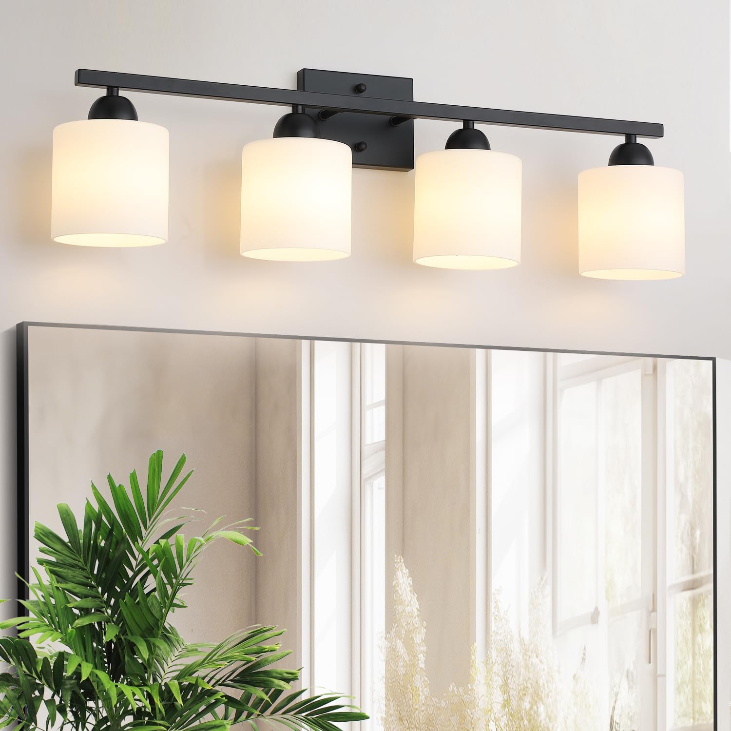 Mecgirn Milk Glass Vanity Lights for Bathroom, 4 Light Matte Black Bathroom Light Fixtures Over Mirror, Ceramic E26 Sockets Wall Mounted