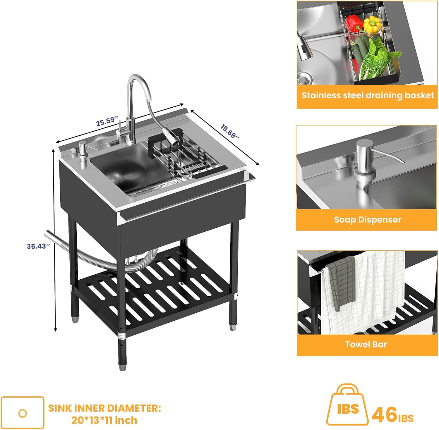 Stainless Steel Utility Sink, 25.6'' Free Standing Single Bowl Sink with Pull-Out Faucet & Cold and Hot Water Pipe & basket, Indoor and Outdoor Sink for Laundry Room, Garage, Kitchen, Black