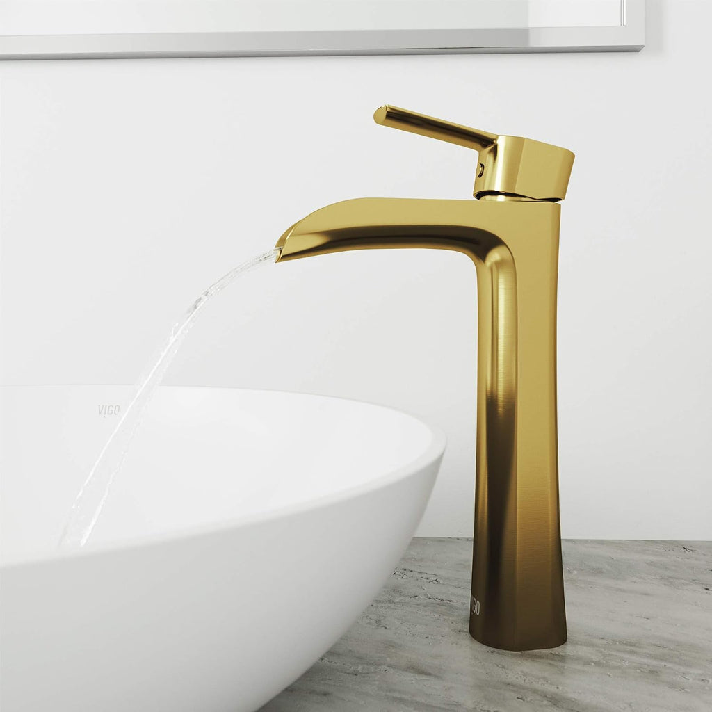 VIGO Niko Waterfall Single-Handle Single-Hole Mount Vessel Bathroom Sink Faucet, 11-Inch, Matte Brushed Gold, Modern Design, Solid Brass, 1.2 GPM WaterSense & Ceramic Disc Valve - VG03024MG
