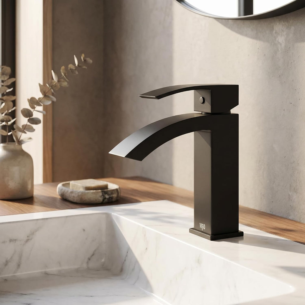 VIGO Satro Waterfall Single-Handle Single-Hole Mount Bathroom Sink Faucet, 7-Inch, Matte Black, Modern Design, Solid Brass, 1.2 GPM WaterSense & Ceramic Disc Valve, Corrosion-Resistant