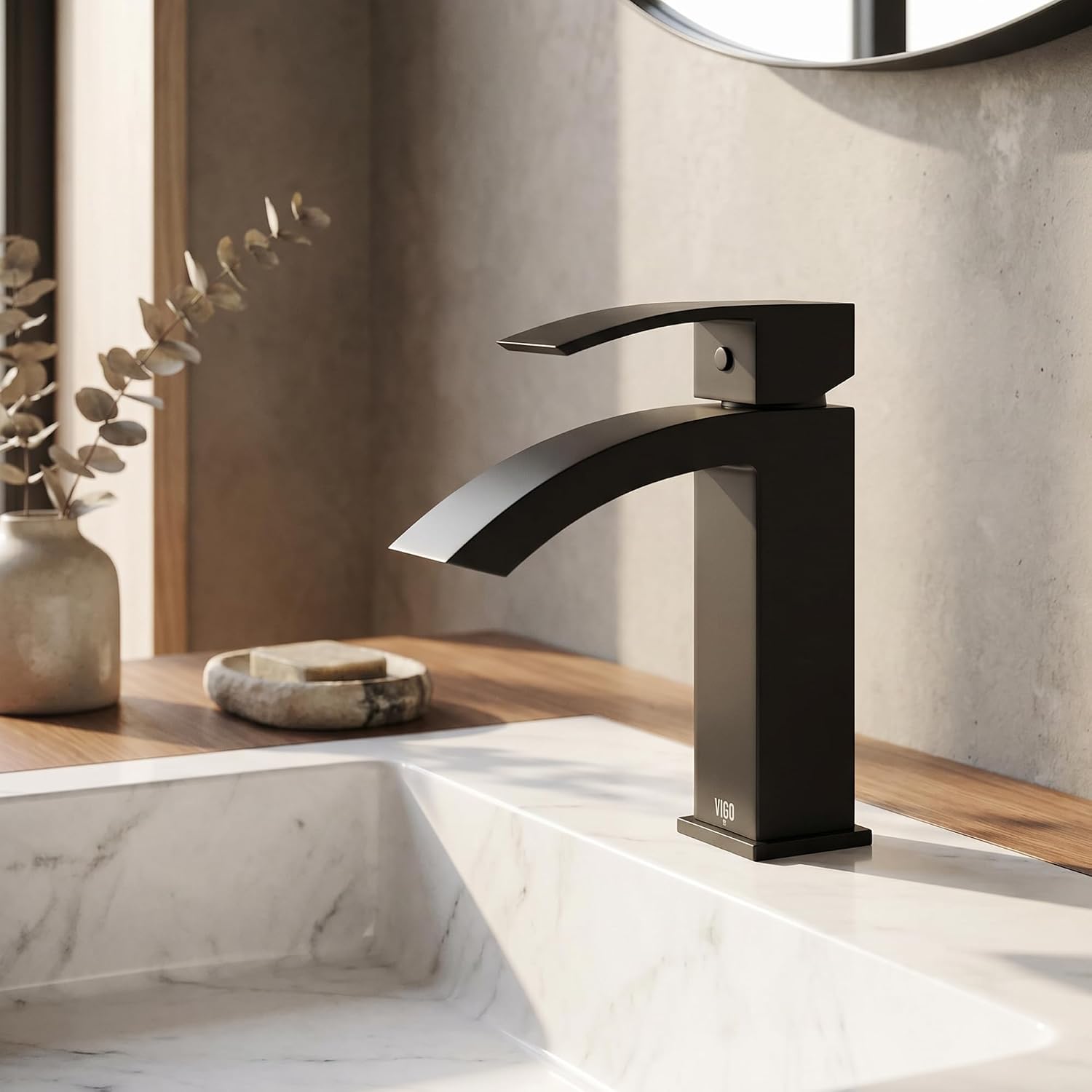 VIGO Satro Waterfall Single-Handle Single-Hole Mount Bathroom Sink Faucet, 7-Inch, Matte Black, Modern Design, Solid Brass, 1.2 GPM WaterSense & Ceramic Disc Valve, Corrosion-Resistant
