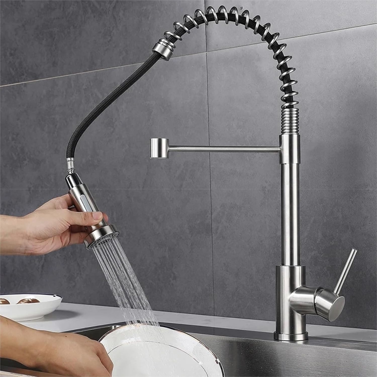 Kitchen Faucet Pull Out Spring Cold and Hot Water Sink Mixer Spray Tap Deck Mounted Stainless Steel Single Handle Tap(Brushed Nickel)