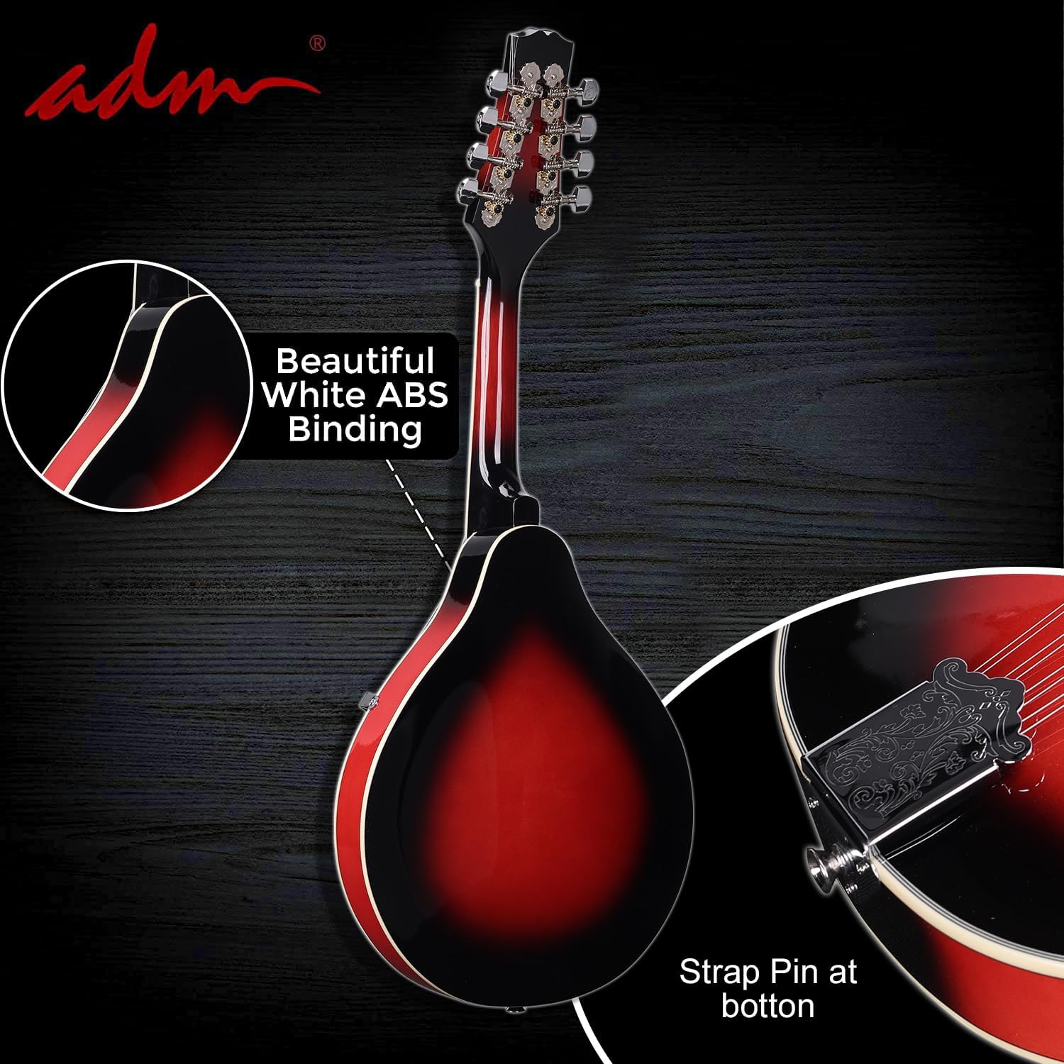 ADM Acoustic Mandolin Instrument Kit Music A Style for Kids Students Adults Wood Mandolins Beginner Set With Bag, Tuner, Pick-up, Strap, Strings, Picks and Hanger, Red