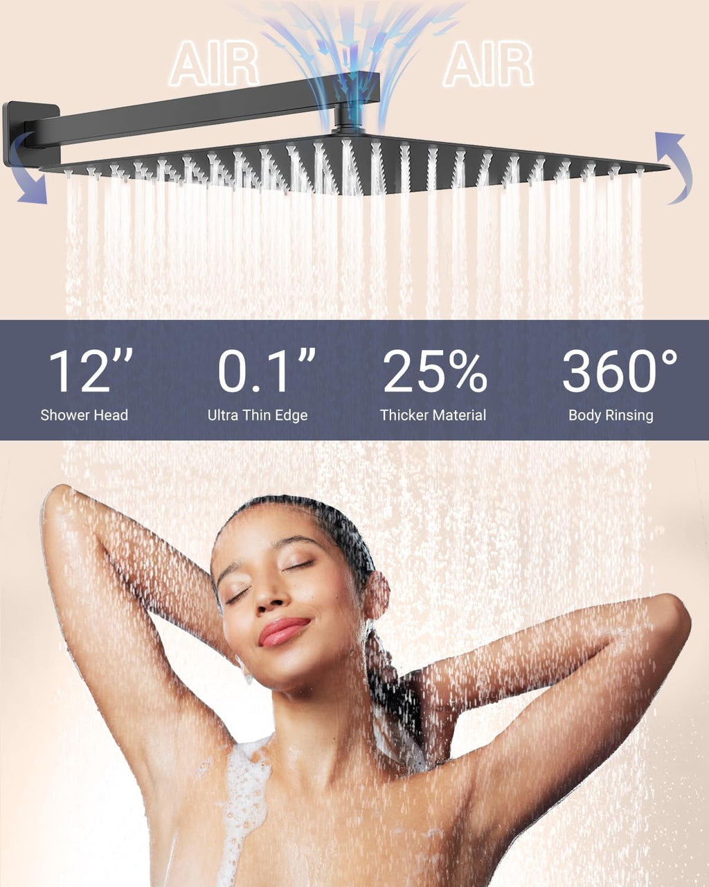 Dual Rainfall Shower Head System with 4 Body Jets, JetsBath Shower Faucet Set Double Shower Head 6-Inch Shower Head & 12' Rain Shower, Luxury Matte Black Shower Faucet Set,Wall-Mounted Shower System