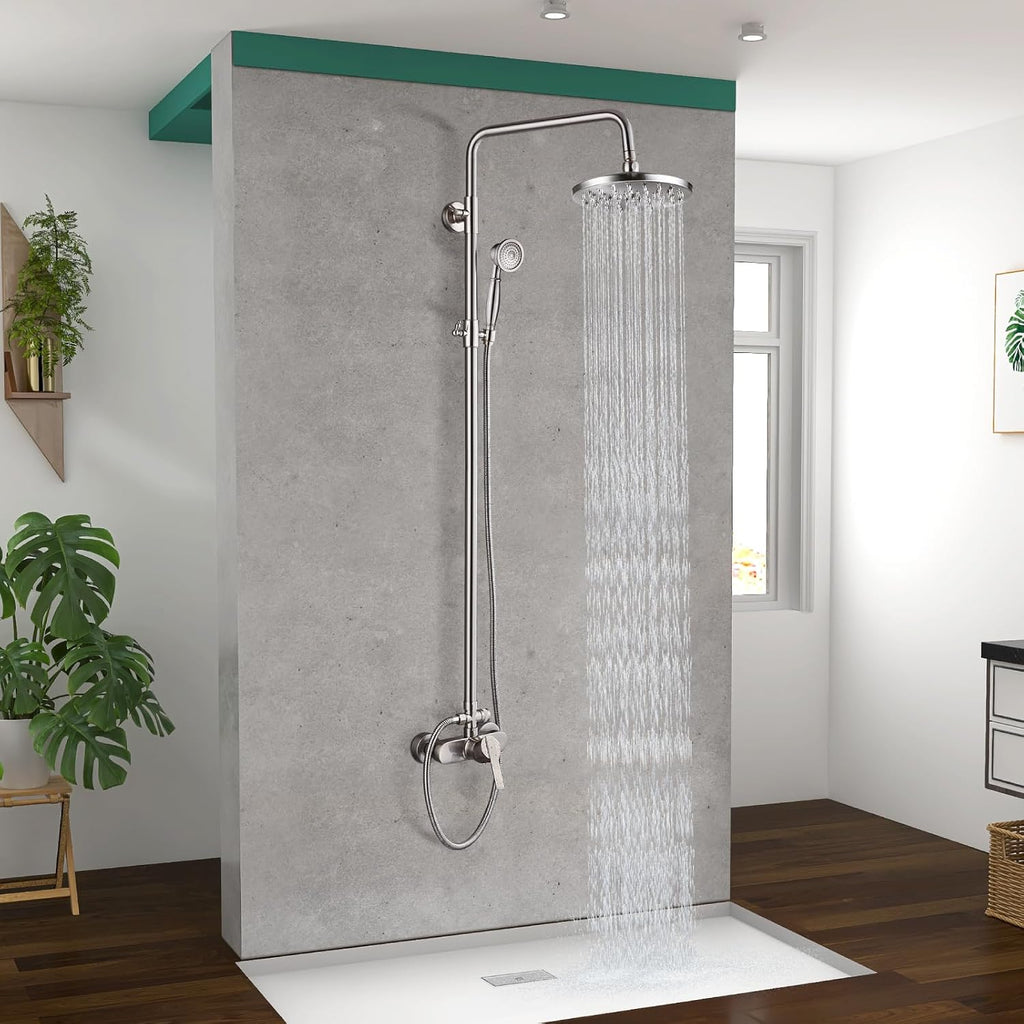 Heyalan Exposed Pipe Shower System Brushed Nickel 8 Inch Rainfall Showerhead Shower Faucet Fixture Combo Set Brass Single Handle with Hand Sprayer Adjustable Slide Bar Dual Functions
