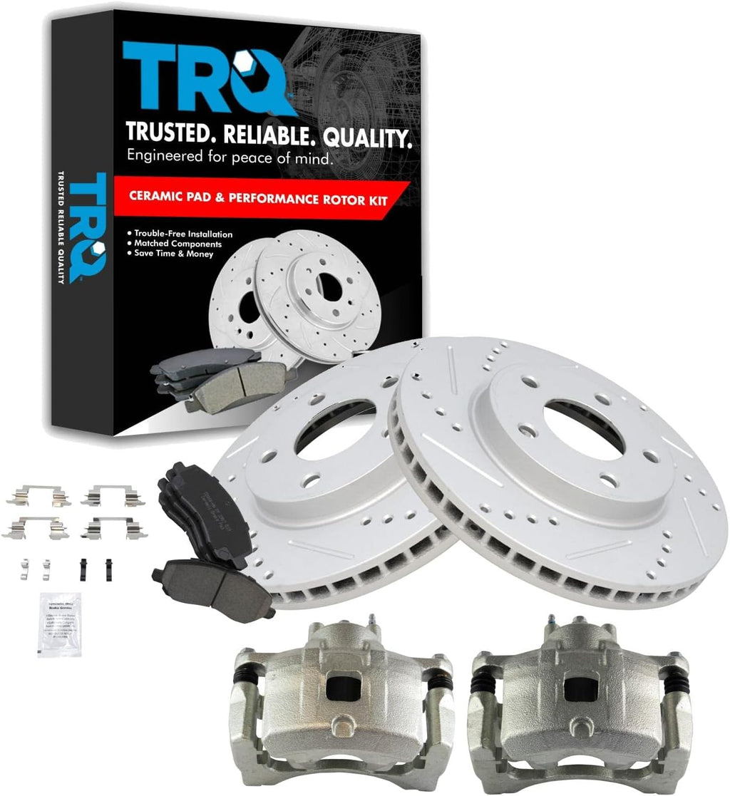 TRQ Performance Front Brake Pad and Rotor Set Ceramic Vented Coated Rotors Calipers Compatible with 2007-2012 Dodge Caliber