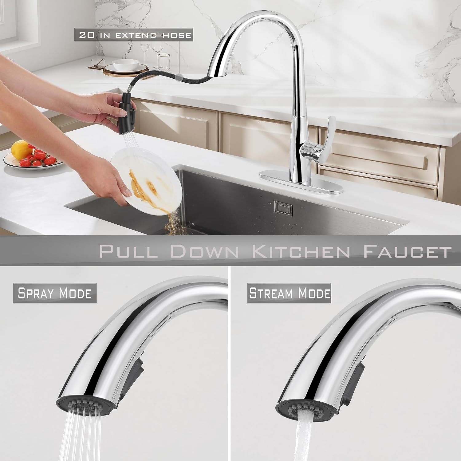 Chrome Kitchen Faucet with Pull Down Sprayer Single Hole, Motion Sensor Touchless Single Handle Kitchen Sink Faucet, Stainless Steel Hand Free Sink Faucet for Kitchen 1 or 3 Hole
