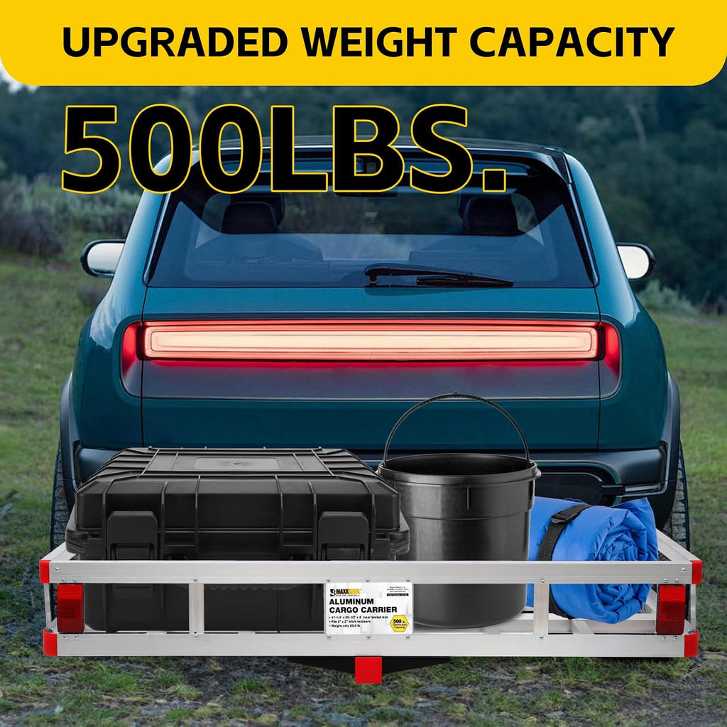 MaxxHaul 70108 Aluminum Cargo Carrier With High Side Rails- Trailer Hitch Mount For RV's, Trucks, SUV's, Vans, Cars With 2' Hitch Receiver - 500-lb Load Capacity, Grey, 49' x 22.5'