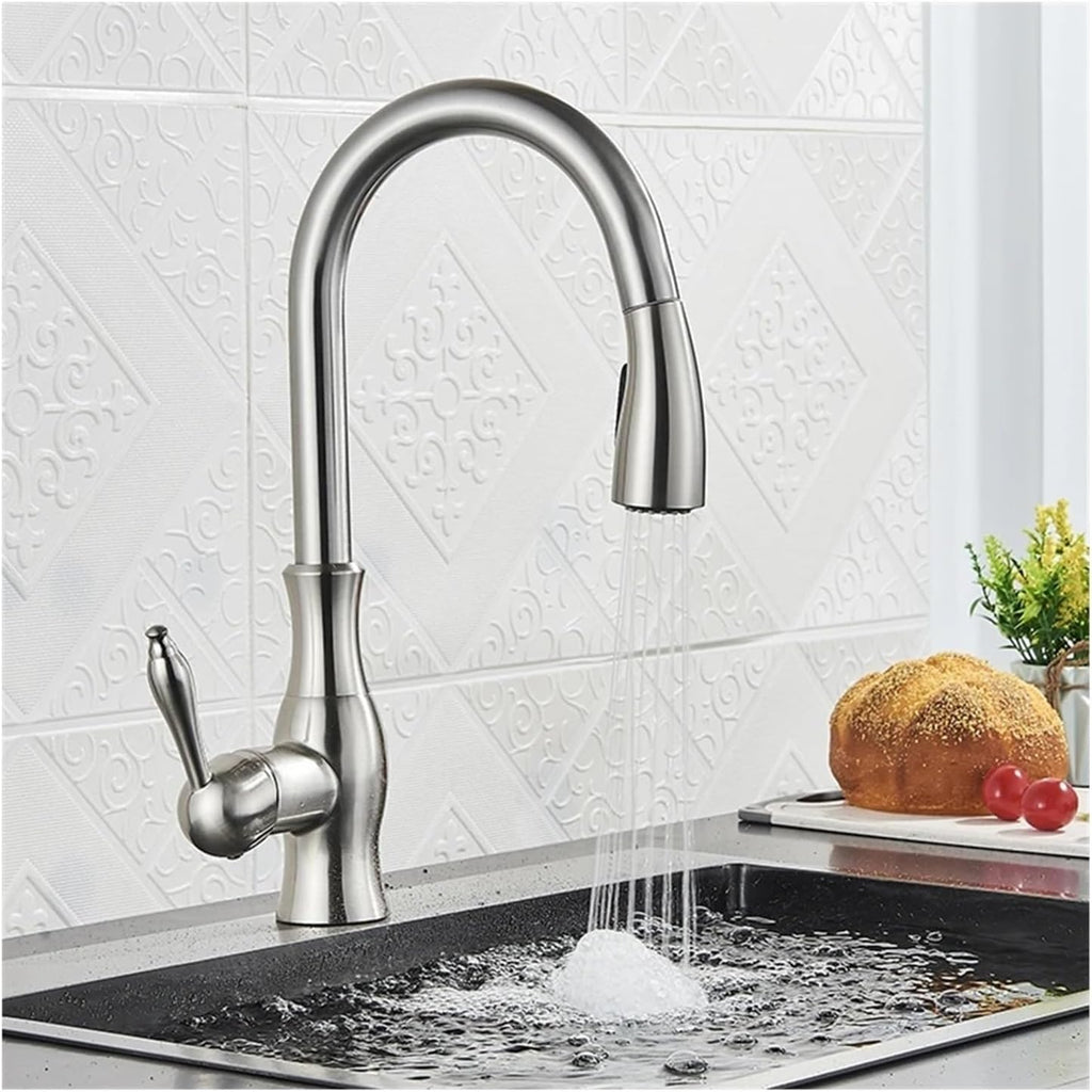 Pull Out Kitchen Faucet Shower/Stream Model Spout Tap Deck Mount Rotatable Single Handle Cold Hot Water Mixer(Brushed Nickel)