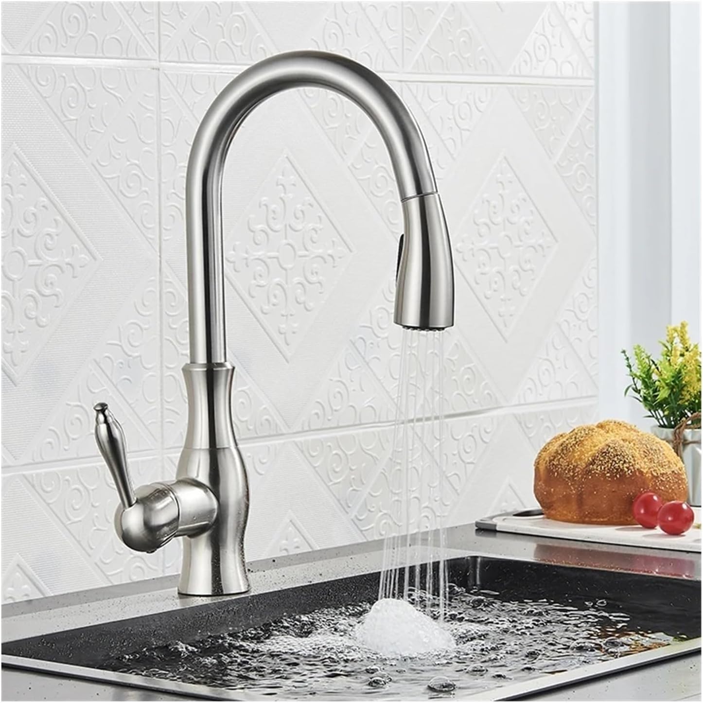 Pull Out Kitchen Faucet Shower/Stream Model Spout Tap Deck Mount Rotatable Single Handle Cold Hot Water Mixer(Brushed Nickel)