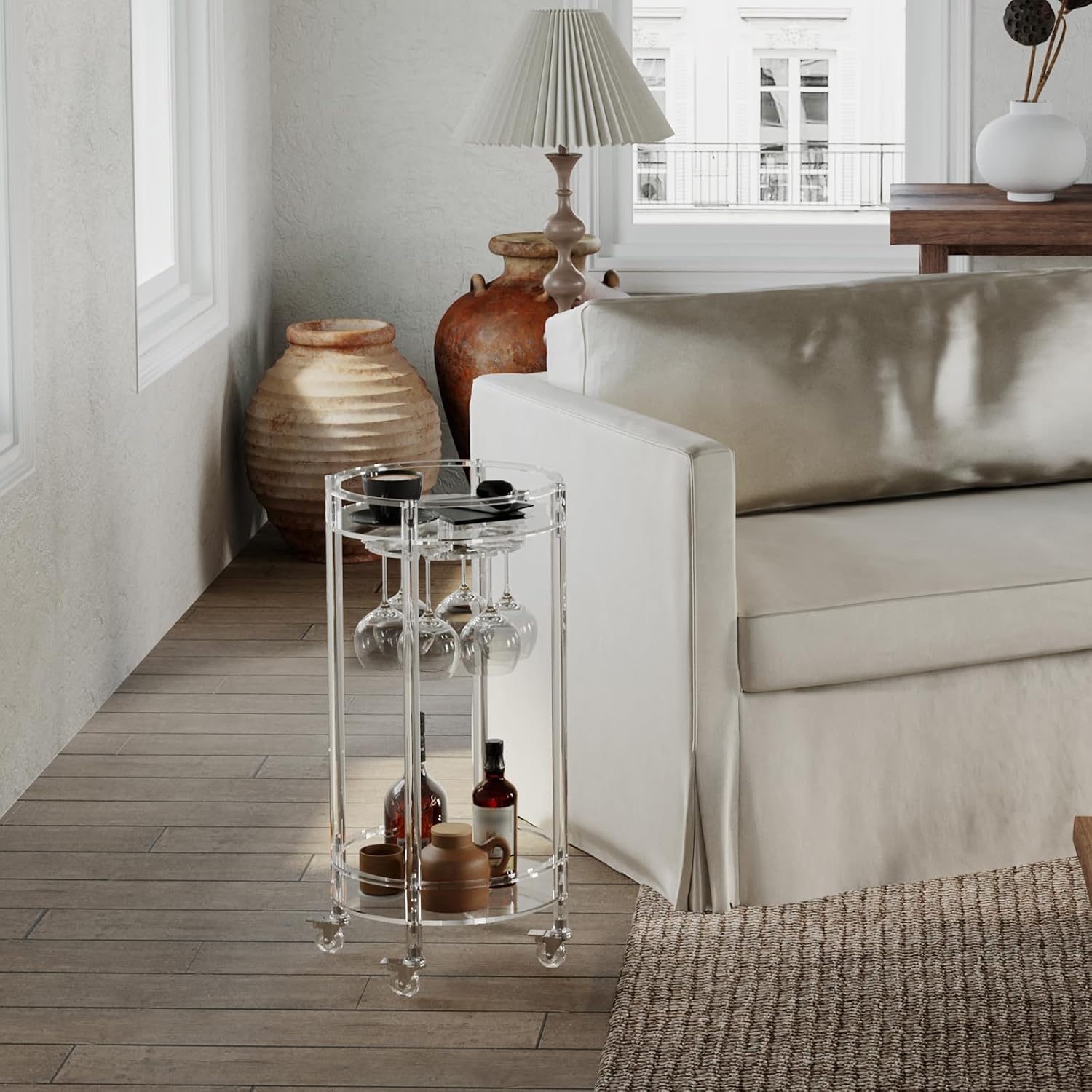 Eglaf Acrylic Bar Cart, Rolling Round Bar Cart, 2-Tier Home Serving Cart | Clear Bar Cart with Lockable Wheels, Glass Holders, for Bar, Living Room, Kitchen, 15.7' D x 15.7' W x 31.1' H
