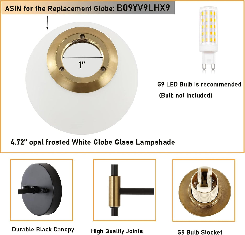 BYOLIIMA Industrial Mid Century Wall Sconce Set of 2 with White Globe Glass Shades Modern Bathroom Vanity Wall Lamp Black and Gold Finished Wall Light Fixture