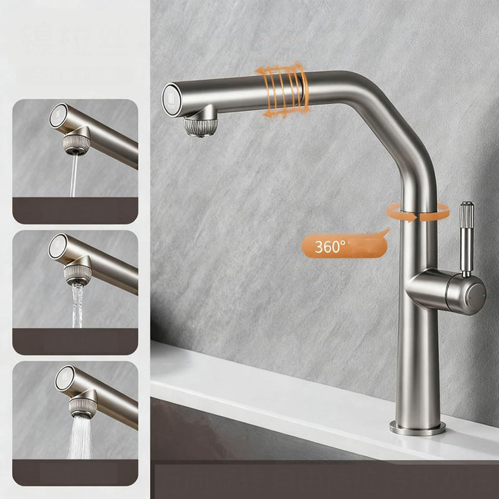 3 Way Pull Out Kitchen Faucet Brass 360° Swivel Single Handle 3 Way Filter Faucet for Kitchen Sink-Brushed