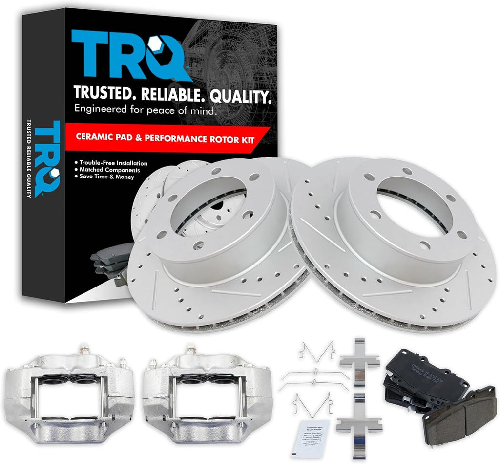 TRQ Performance Front Brake Pad and Rotor Set Ceramic Drilled Slotted Coated Rotors Calipers Compatible with 1995-1998 Toyota Tacoma