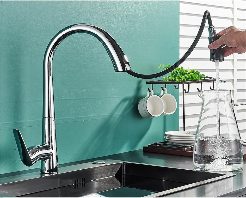 Kitchen Faucet Flexible Pull Out Mixer Tap Deck Mounted 360 Swivel 2 Mode Hot Cold Water Faucets(Chrome)