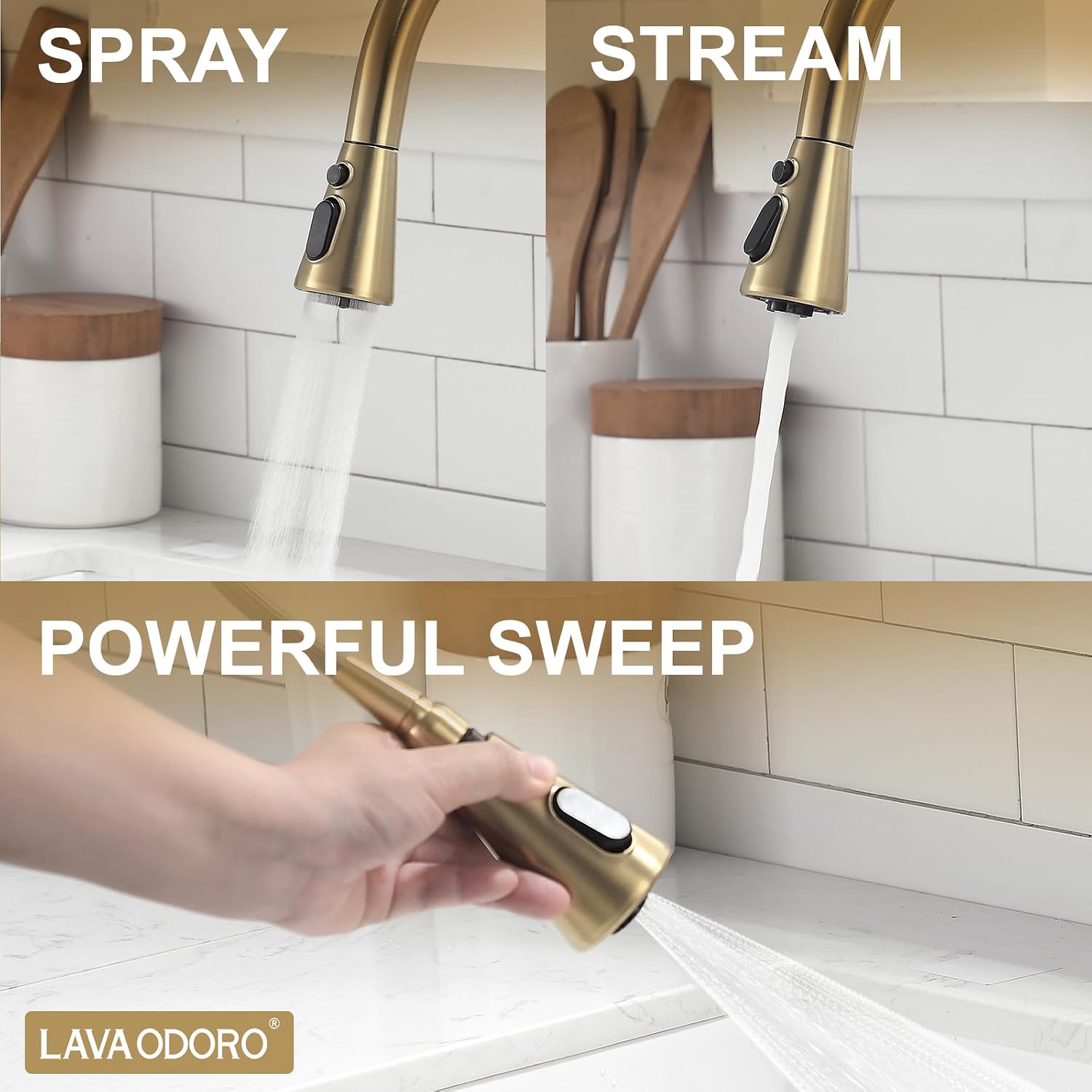 Lava Odoro Champagne Gold Kitchen Faucet with Pull Down Sprayer, Kitchen Sink Faucets, Single Hole Sink Faucet with 3-Function Magnetic Sprayer Deck Plate, Champagne Gold, KF321-CB