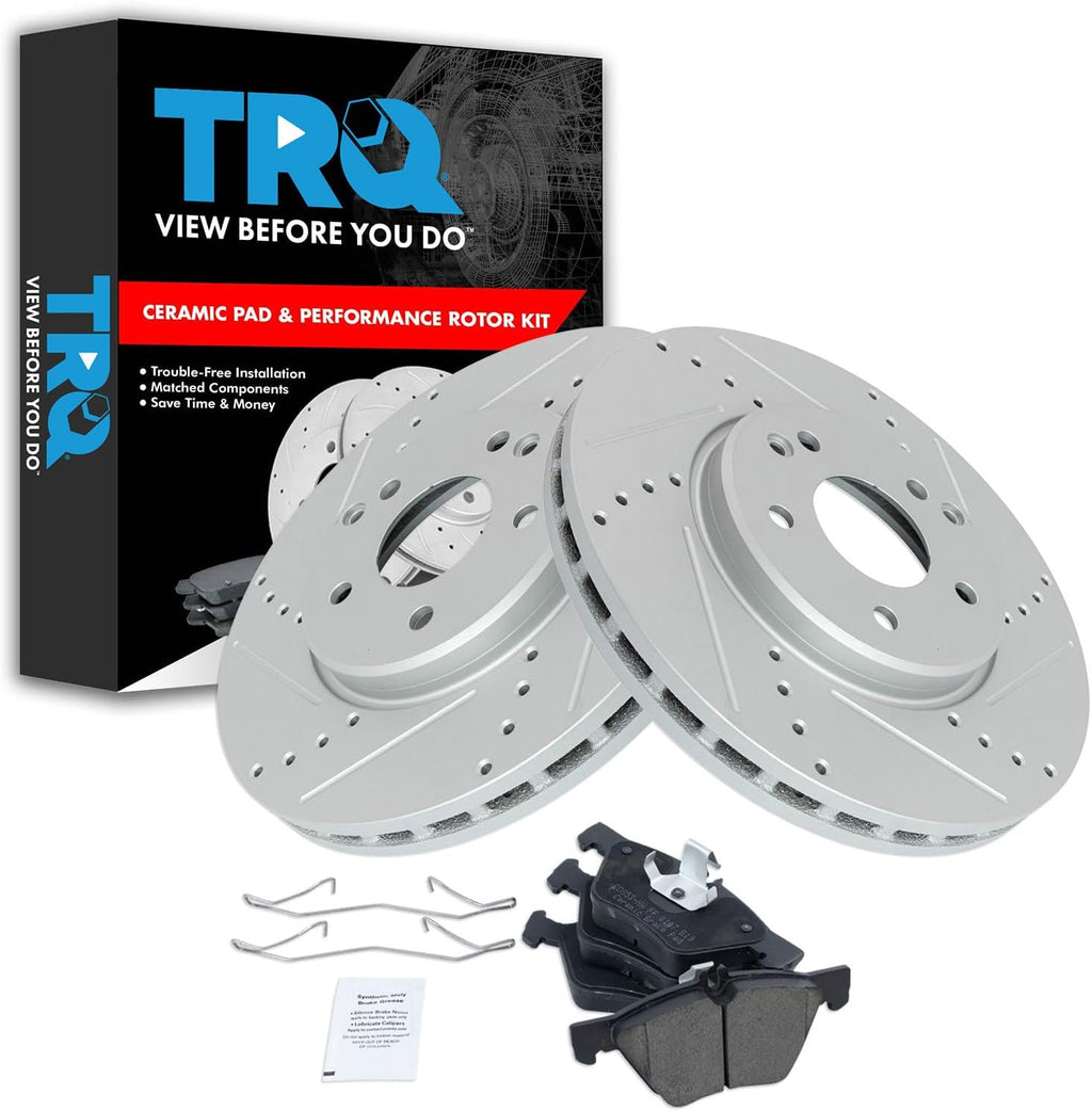 TRQ Performance Front Brake Pad and Rotor Set Ceramic Drilled Slotted Coated Rotors Compatible with 96-03 Mercedes-Benz E320 98-99 E300 98-03 CLK320 99-03 CLK430 98-02 E430 01-04 SLK320