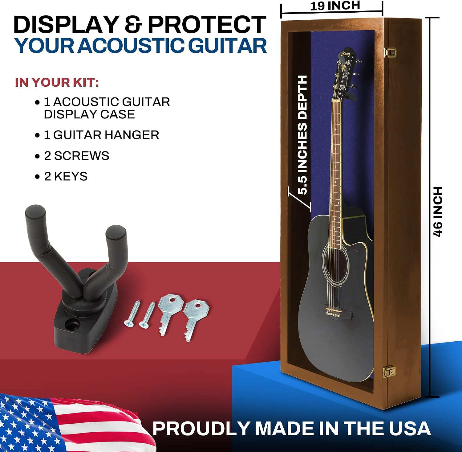 PENNZONI Acoustic Guitar Display Case - Acrylic Acoustic Guitar Case - Guitar Display Case Wall Mount Made from Hardwood Frame & Clear Acrylic - Walnut w/Felt Blue