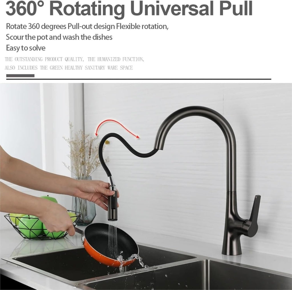 Brass Single Hole Deck Mounted 360 Degree Rotation Kitchen Pull Out Brass Faucet Hot and Cold Water Sink Taps(Black)