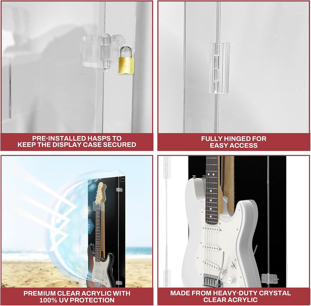 PENNZONI Electric Guitar Display Case - Fully Acrylic Case with Black Back - Horizontal Wall Mount