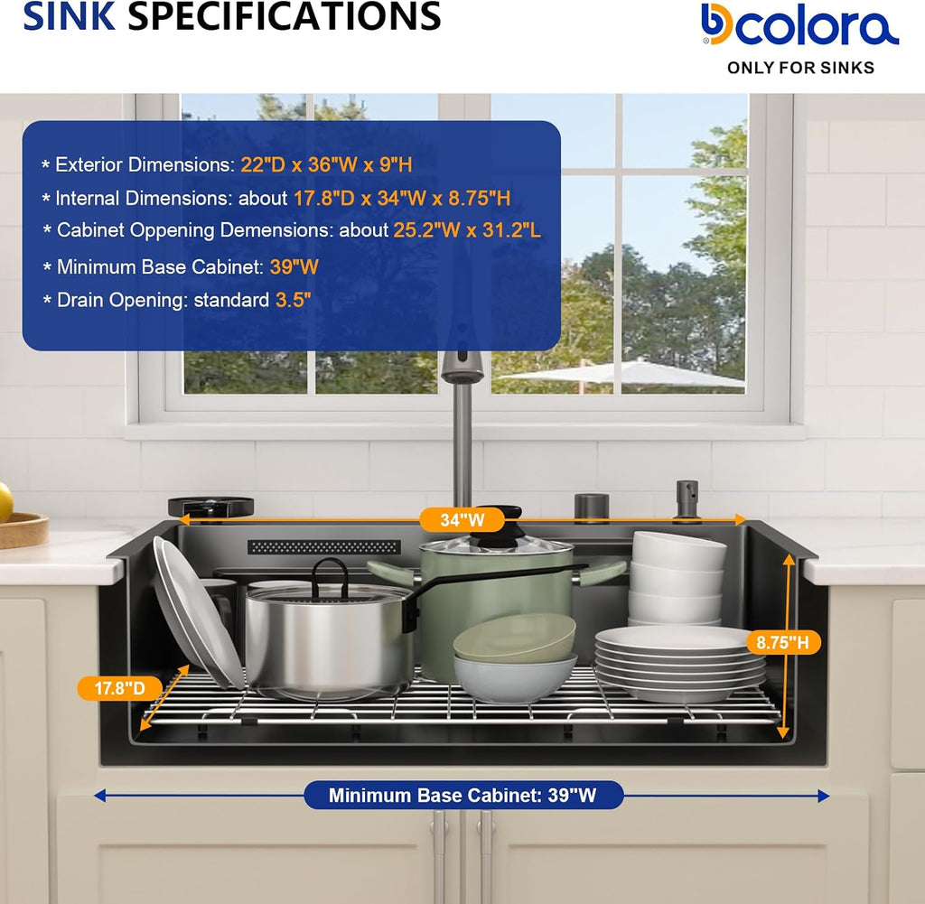 Dcolora 36 Inch Waterfall Kitchen Sink Black Drop In Smart Sink with Faucet Combo Multifuctional Topmount Large Workstation Stainless Steel, DC-SFDOE00023