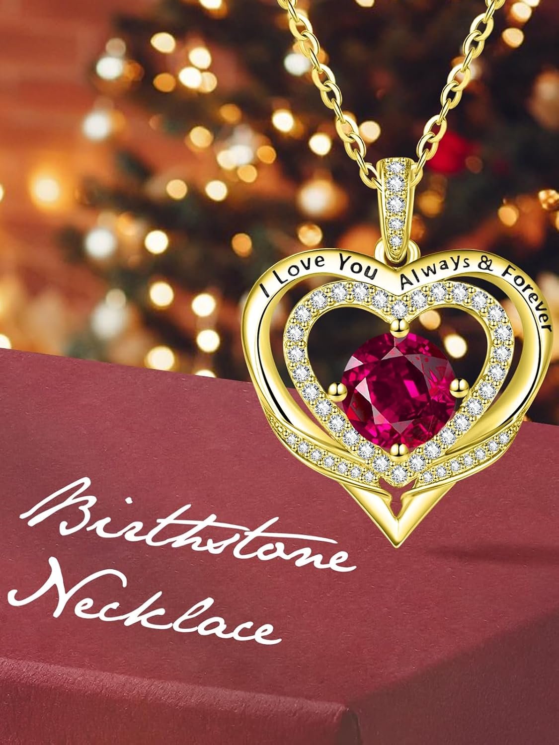 14K Gold Heart Necklaces for Women with Birthstone Pendant ，Double Hearts Necklace Jewelry Gift for Girlfriend Mom Anniversary Birthday Adjustable Chain 18' + 2' 'I Love You Always & Forever