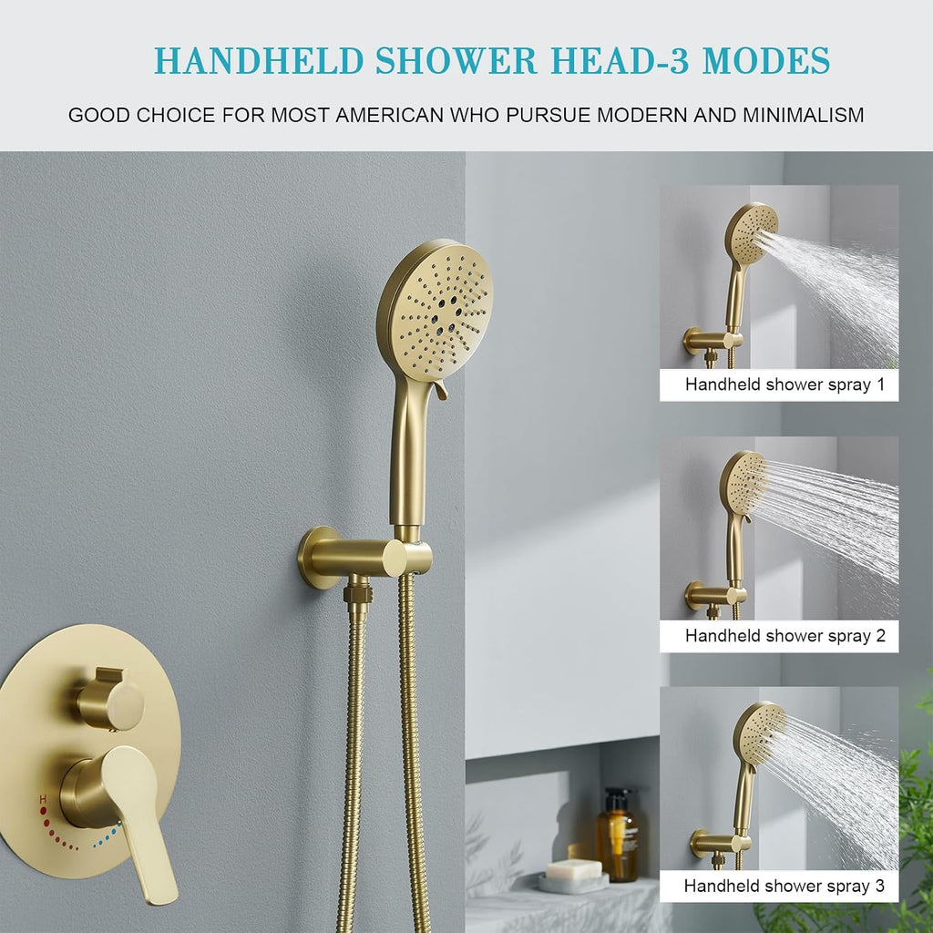 Brushed Gold Shower System 12 Inch Shower Faucet Set for Bathroom, High Pressure Gold Rain Shower Head with Handheld Spray, Rainfall Brushed Gold Shower Fixtures