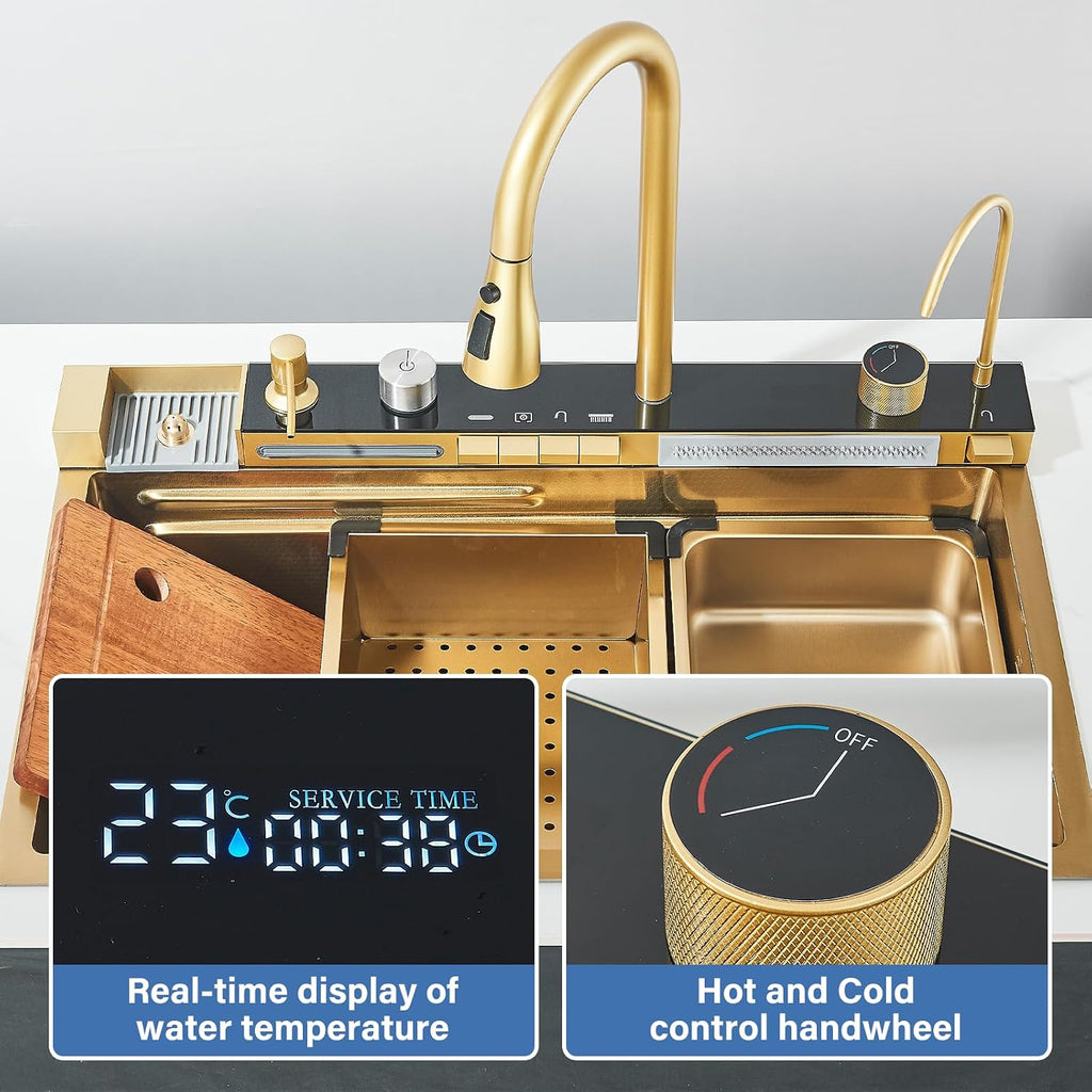 Brushed Gold Waterfall Kitchen Sink Stainless Steel Single Bowl Drop In Sink with Pull-Out Faucet Kitchen Sink Workstation with Cup Washer, Soap Dispenser, Water Filter Tap (29.52'X18.11')