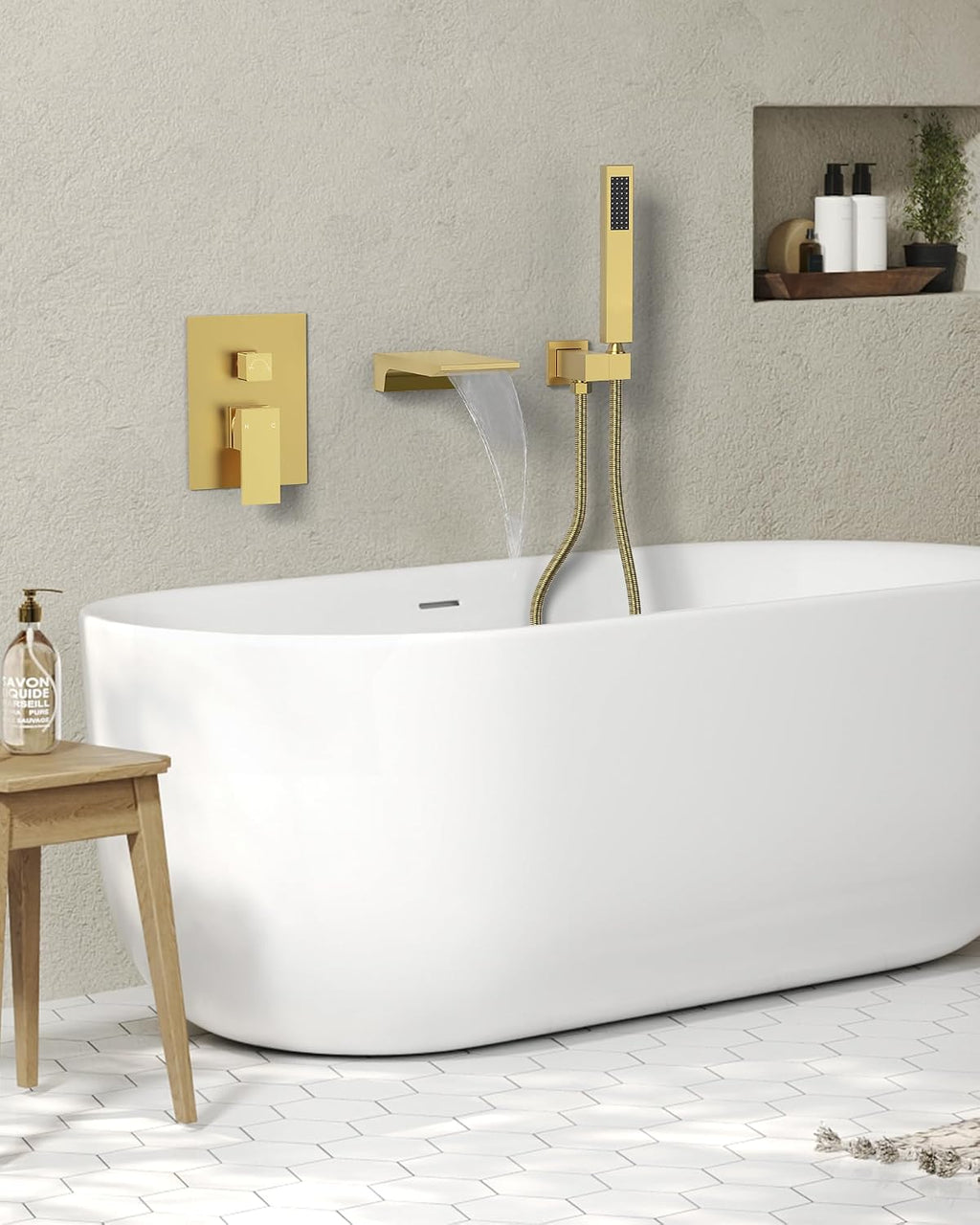 Wall Mounted Bathtub Shower Faucet Set, Bathroom Shower Fixtures Set Combo with Tub Spout and Handheld Shower Head Spray, Brushed Gold