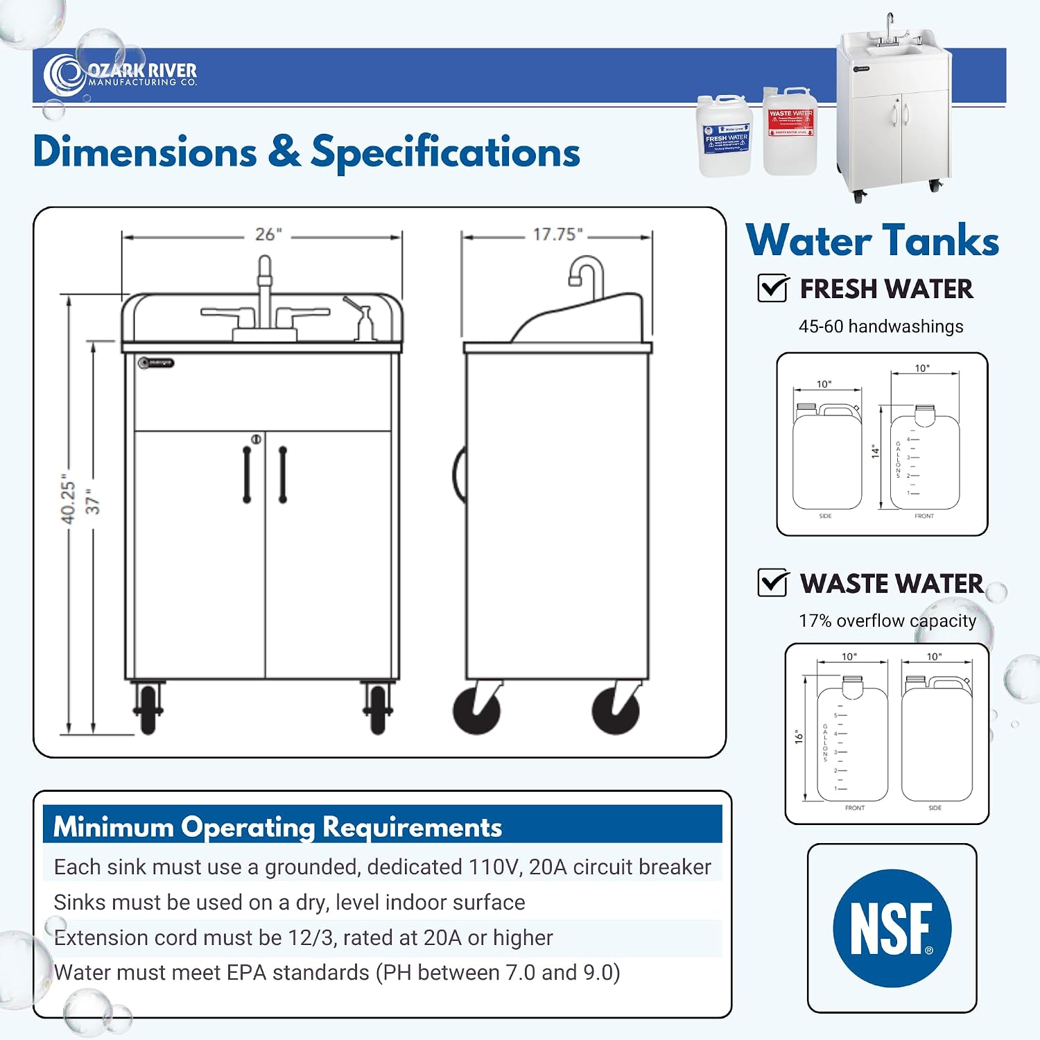 Ozark River Portable Sinks Premier Brite White & Extra Water Tanks Bundle, White Laminate-ABS, Portable Sink with Hot Water, Self-Contained Sink, Portable Hand Washing Station, 110V