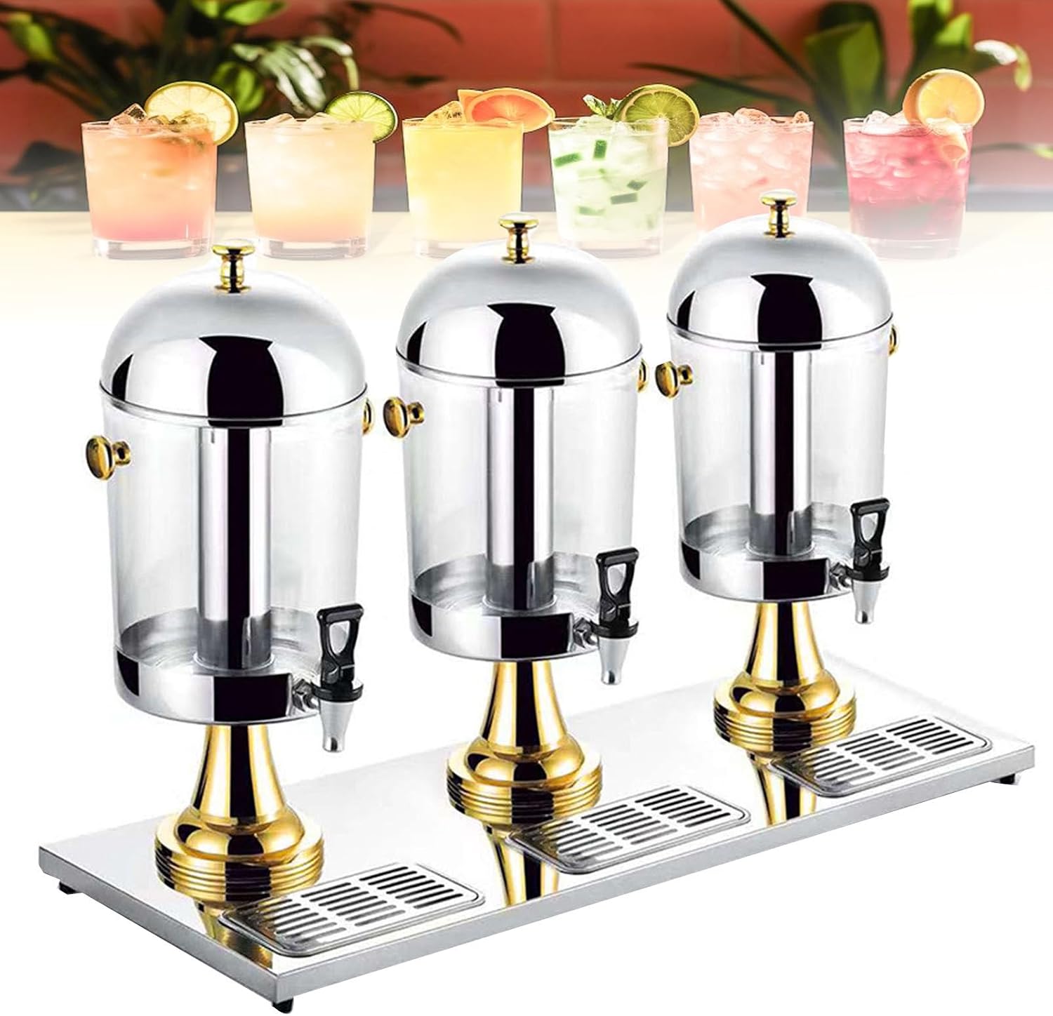 Stainless Steel Juice Dispenser with Tap & Ice Chamber Keep Beverages Ice Cold, Self Service Cocktail Dispenser, Commercial Clear Glass Water Dispenser for Brea(Gold)