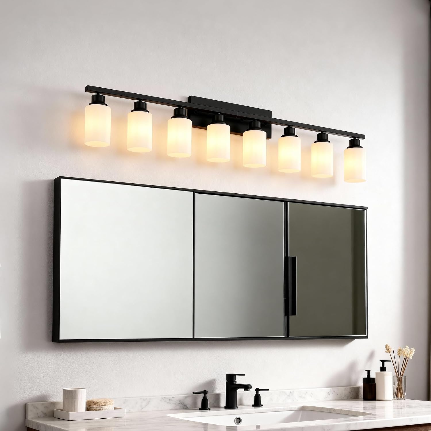 8-Light Matte Black Bathroom Vanity Light Modern Black Bathroom Light Fixtures Over Mirror Vintage Vanity Wall Sconce Light With White Glass Shade Wall Lamps For Living Room Bedroom Bulbs Not Included