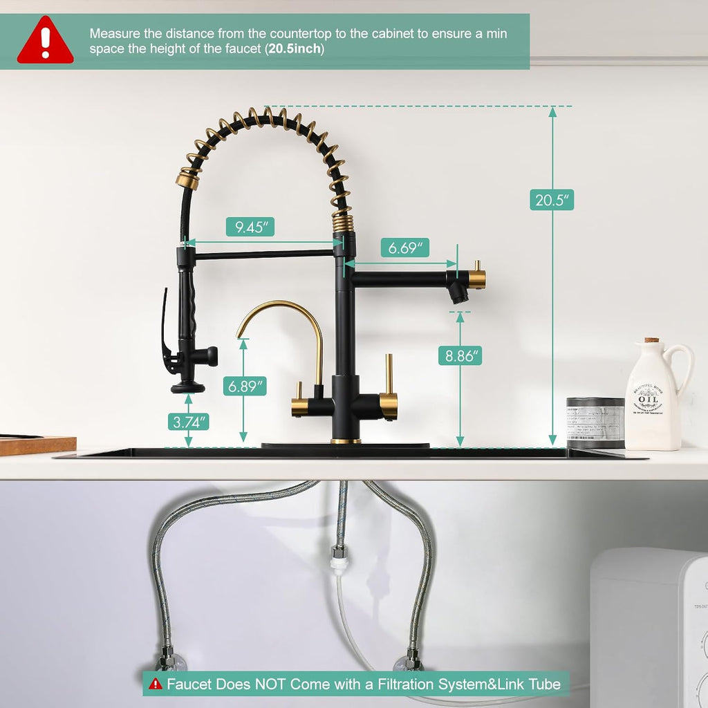 Fapully Commercial Kitchen Faucet with Pull Down Sprayer and Water Filter, Matte Black&Brushed Gold 3 in 1 Kitchen Faucets with Drinking Water Faucet for Kitchen Sink