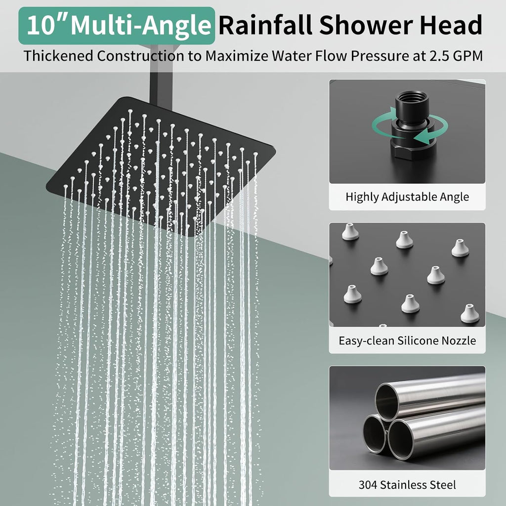 Shower Faucet Set Shower System - SR SUN RISE Matte Black Shower Trim Kit with Dual Shower Head, 10'' Ceiling Rainfall 6'' Wall Mount with Handheld Shower for Couples, Complete 6 Diverter Valve