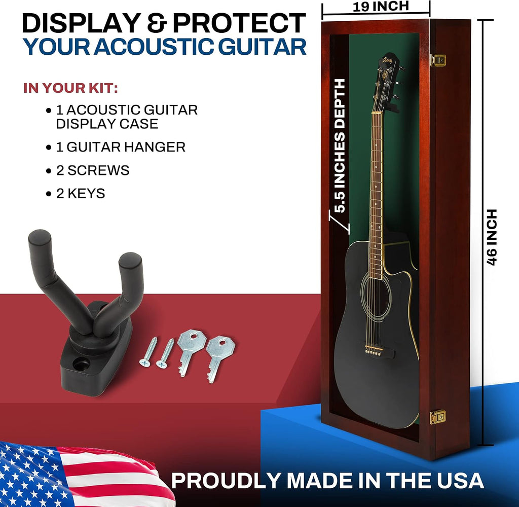 PENNZONI Acoustic Guitar Display Case - Acrylic Acoustic Guitar Case - Guitar Display Case Wall Mount Made from Hardwood Frame & Clear Acrylic - Cherry w/ Felt Green