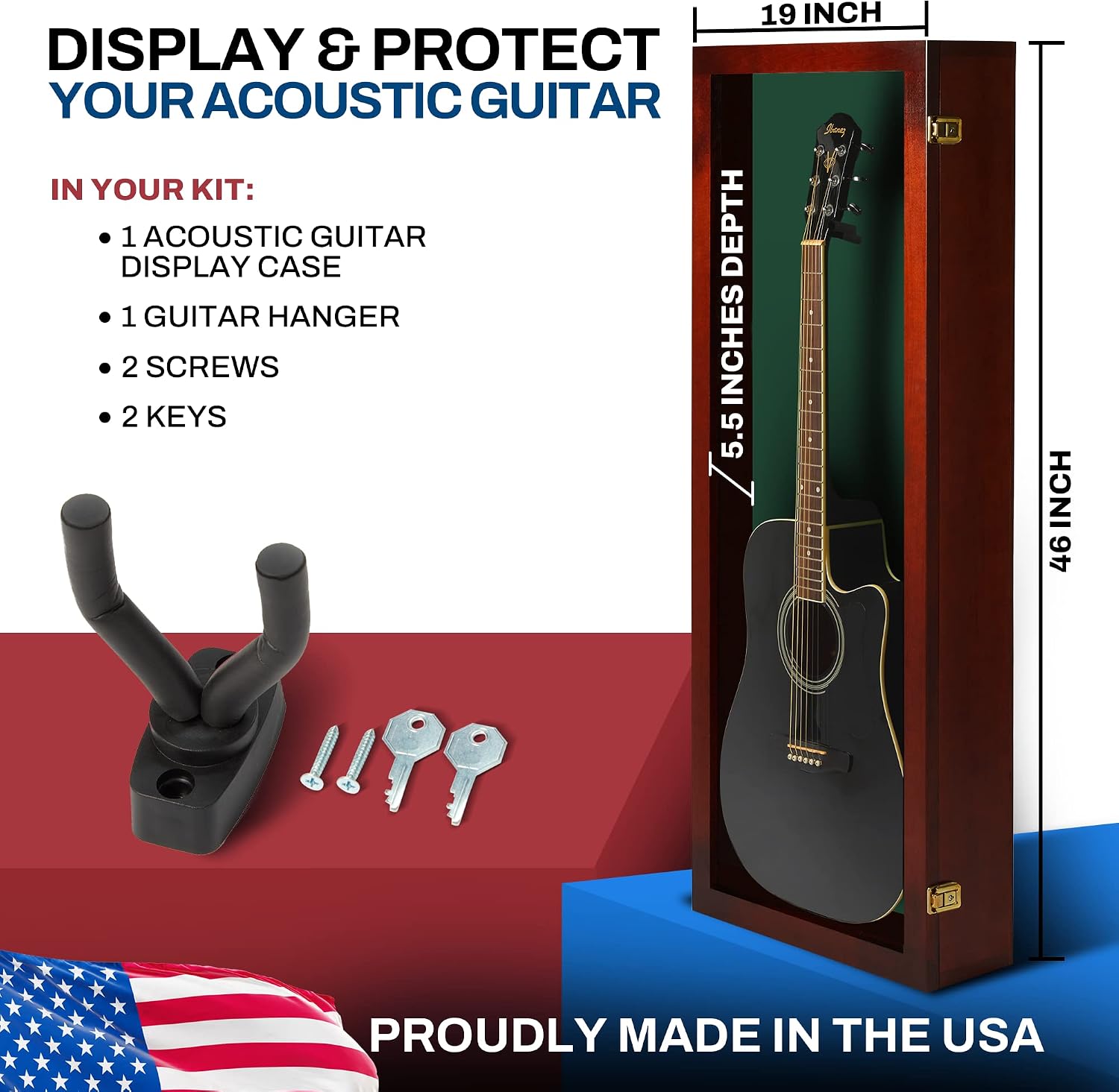 PENNZONI Acoustic Guitar Display Case - Acrylic Acoustic Guitar Case - Guitar Display Case Wall Mount Made from Hardwood Frame & Clear Acrylic - Cherry w/ Felt Green