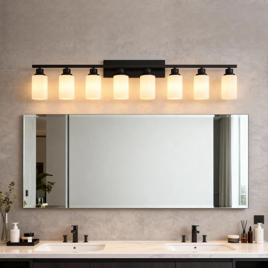 8-Light Matte Black Bathroom Vanity Light Modern Black Bathroom Light Fixtures Over Mirror Vintage Vanity Wall Sconce Light With White Glass Shade Wall Lamps For Living Room Bedroom Bulbs Not Included