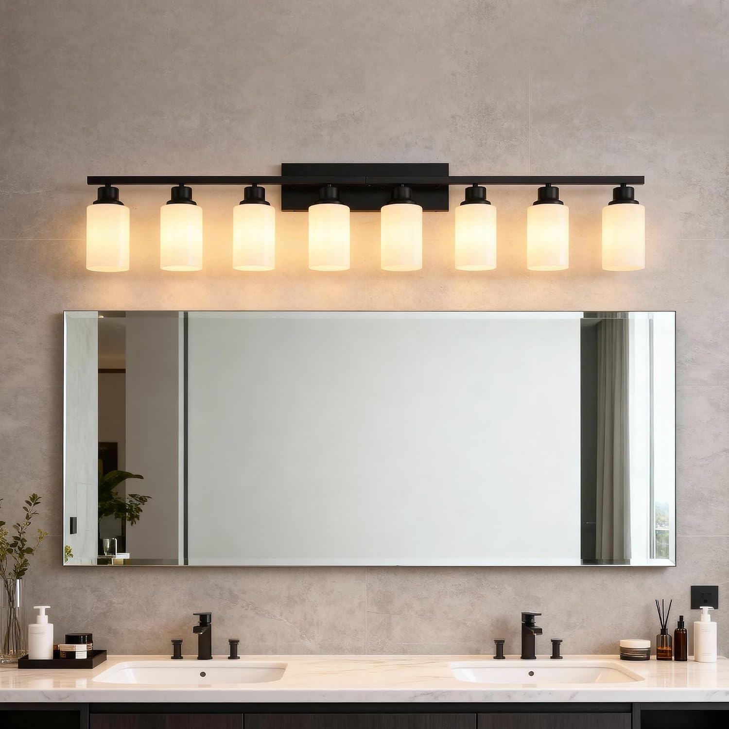 8-Light Matte Black Bathroom Vanity Light Modern Black Bathroom Light Fixtures Over Mirror Vintage Vanity Wall Sconce Light With White Glass Shade Wall Lamps For Living Room Bedroom Bulbs Not Included