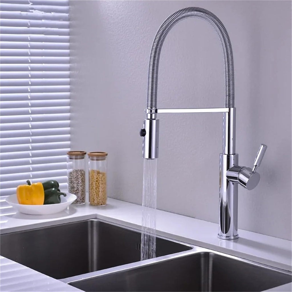 Kitchen Faucets Kitchen Sink Single Lever Pull Out Spring Spout Mixers Tap Hot Cold Water Crane(Chrome)