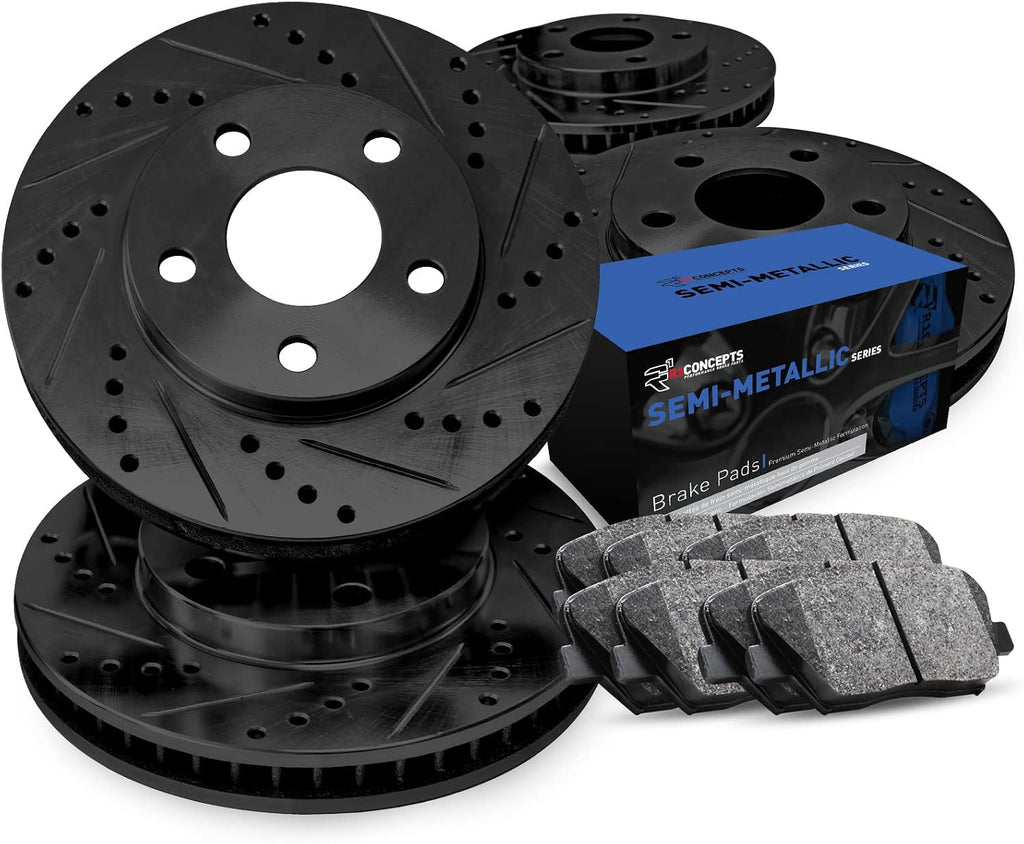 R1 Concepts Front and Rear Brake Kit Fits 2013-2017 Ford C-Max; 2013-2016 Ford Escape| Semi Met Brake Pads and Drilled Slotted Brake Rotors| 11.8' Front & 11.0' Rear