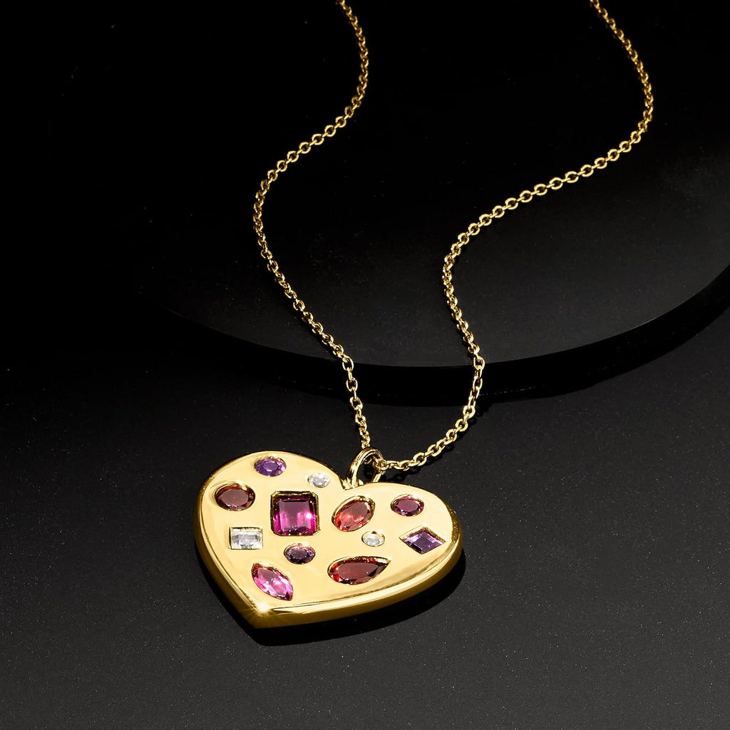 Ross-Simons 3.10 ct. t.w. Multi-Gemstone Heart Pendant Necklace in 18kt Gold Over Sterling. 18 inches