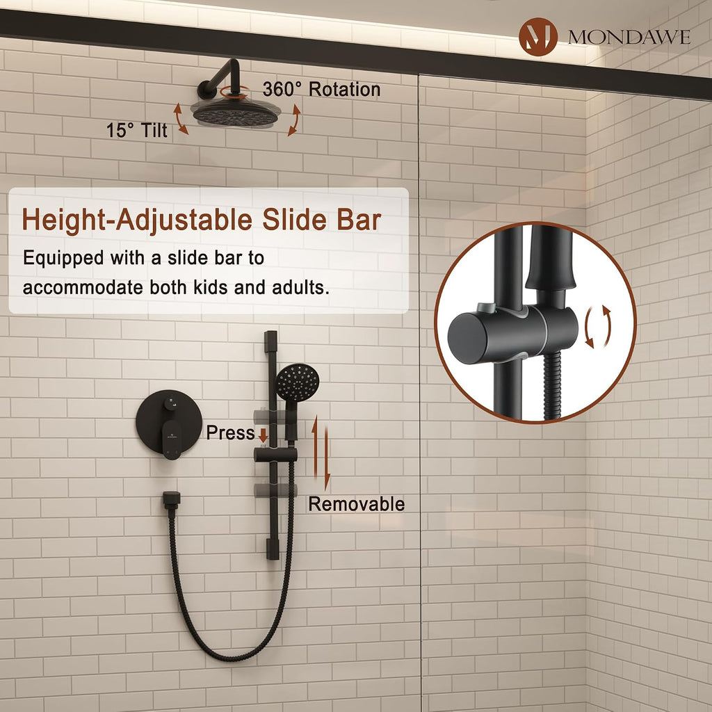 MONDAWE 8 Inch Wall Mounted Shower Faucet Set in Matte Black, Rainfall Shower Head with 3-Setting Handheld Spray Shower Set Combo, High Pressure Shower System with Solid Brass Valve