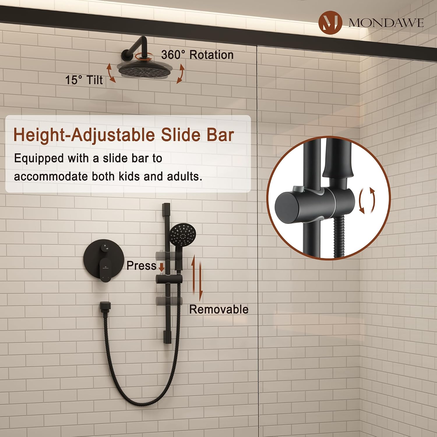 MONDAWE 8 Inch Wall Mounted Shower Faucet Set in Matte Black, Rainfall Shower Head with 3-Setting Handheld Spray Shower Set Combo, High Pressure Shower System with Solid Brass Valve