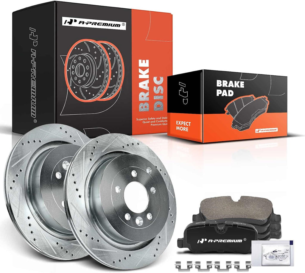 A-Premium 13.78 inch (350mm) Rear Drilled and Slotted Disc Brake Rotors + Ceramic Pads Kit Compatible with Select Land Rover Model - Range Rover Sport 2006-2013, LR4 2010-2016, LR3 2005-2009, 6-PC Set