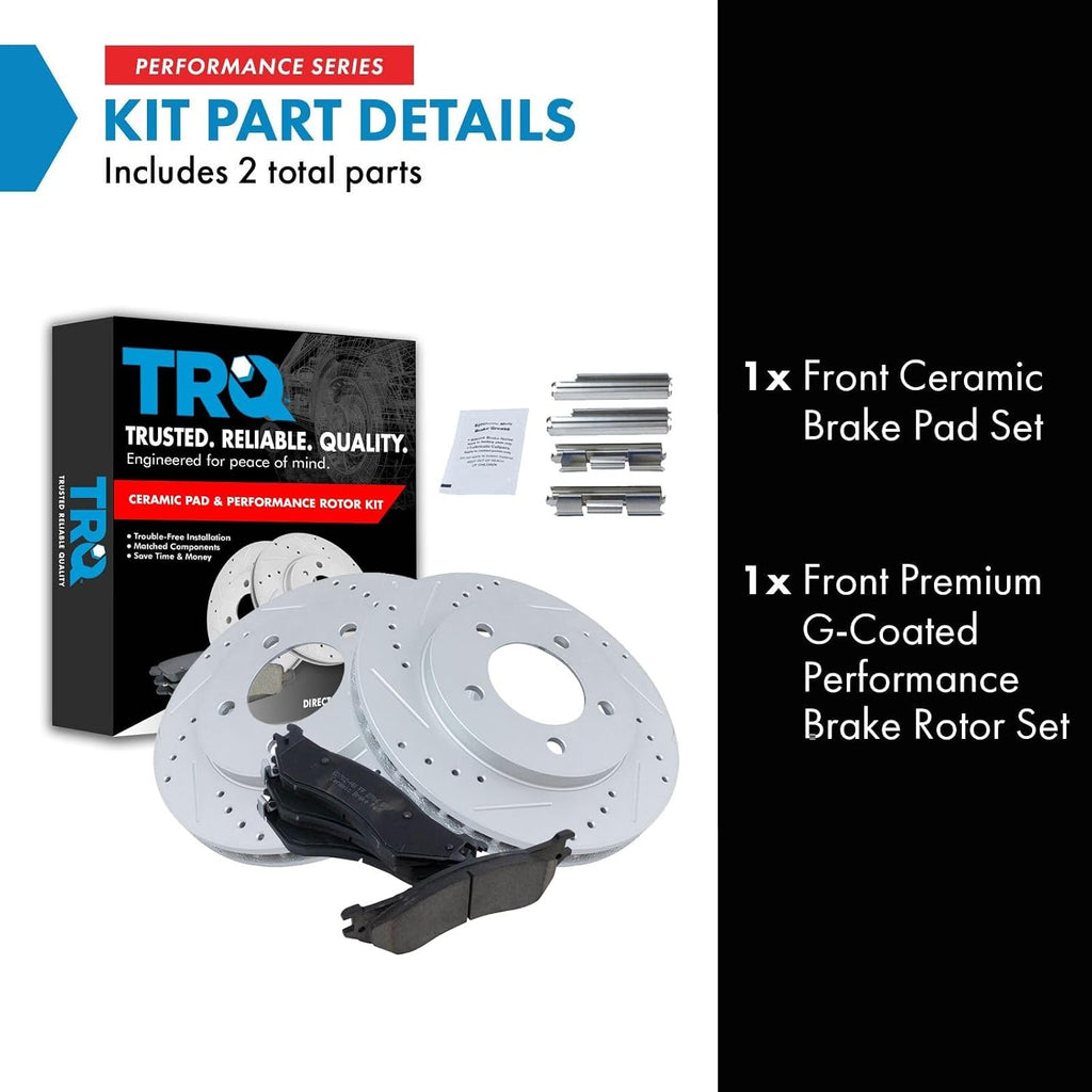 TRQ Performance Front Brake Pad and Rotor Set Ceramic Coated Drilled Slotted Vented Rotors Compatible with 1997-2002 Ford Expedition 1998-2002 Lincoln Navigator