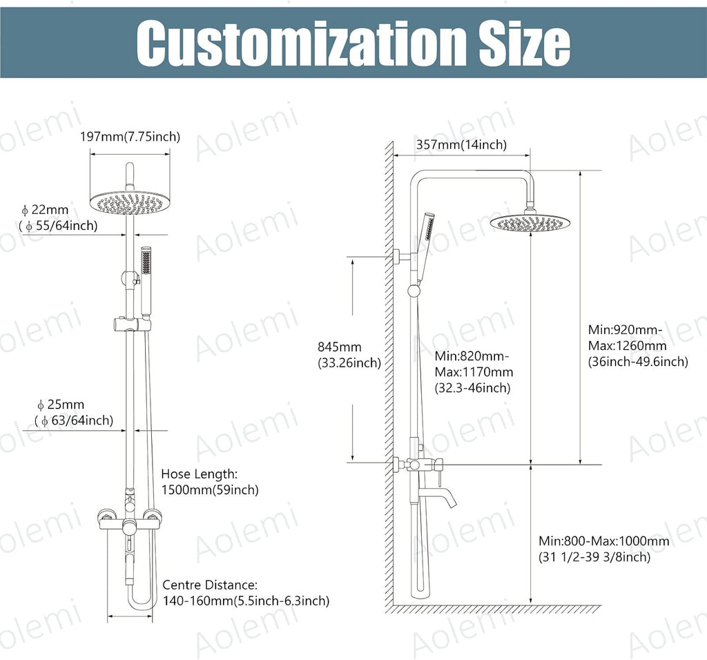 Aolemi Outdoor Shower Fixture SUS304 Triple Function Brushed Nickel Wall Mounted Stainless Steel Shower Faucet System Set with Hand Spray,8' Rain Shower Head