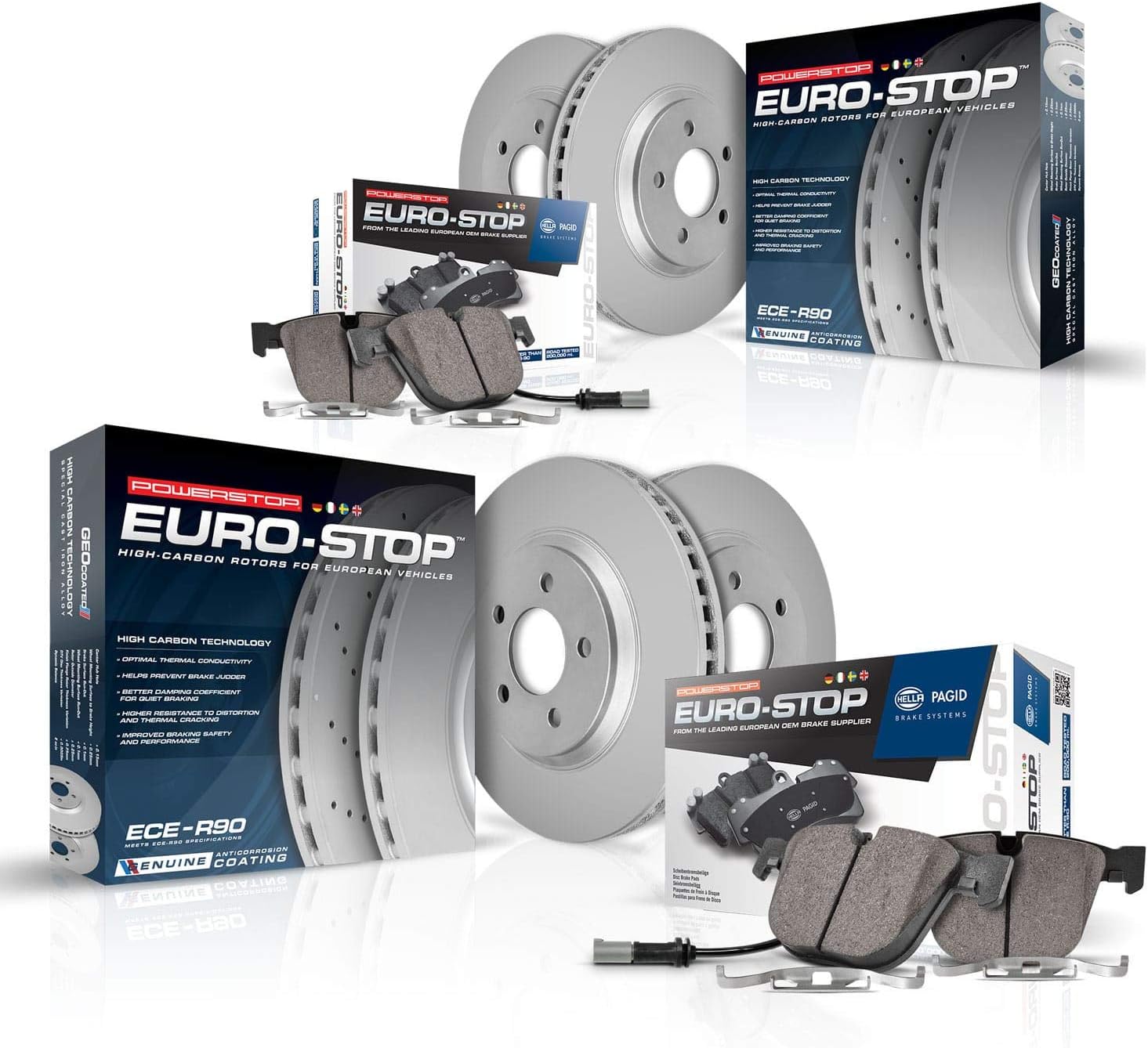 Power Stop ESK7500 Euro-Stop Front and Rear Brake Kit- Coated Brake Rotors & Ceramic Brake Pads and 1 Front & 1 Rear Sensor Wires