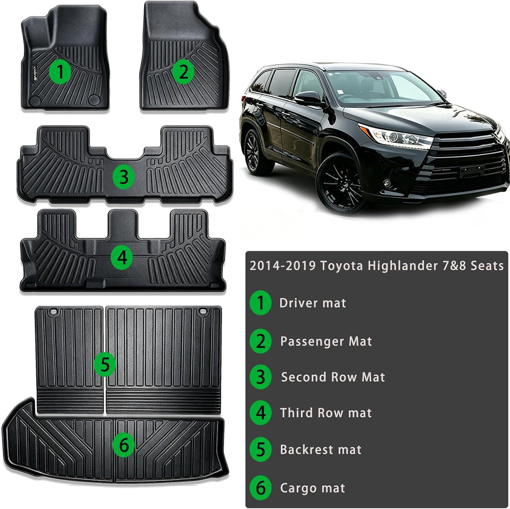 Floor Mats & Cargo Liners & Backrest Mat for 2014-2019 Toyota Highlander 7&8 Seats TPE All Weather Protection Car Floor Mats with Trunk Mat Covering The Backrest