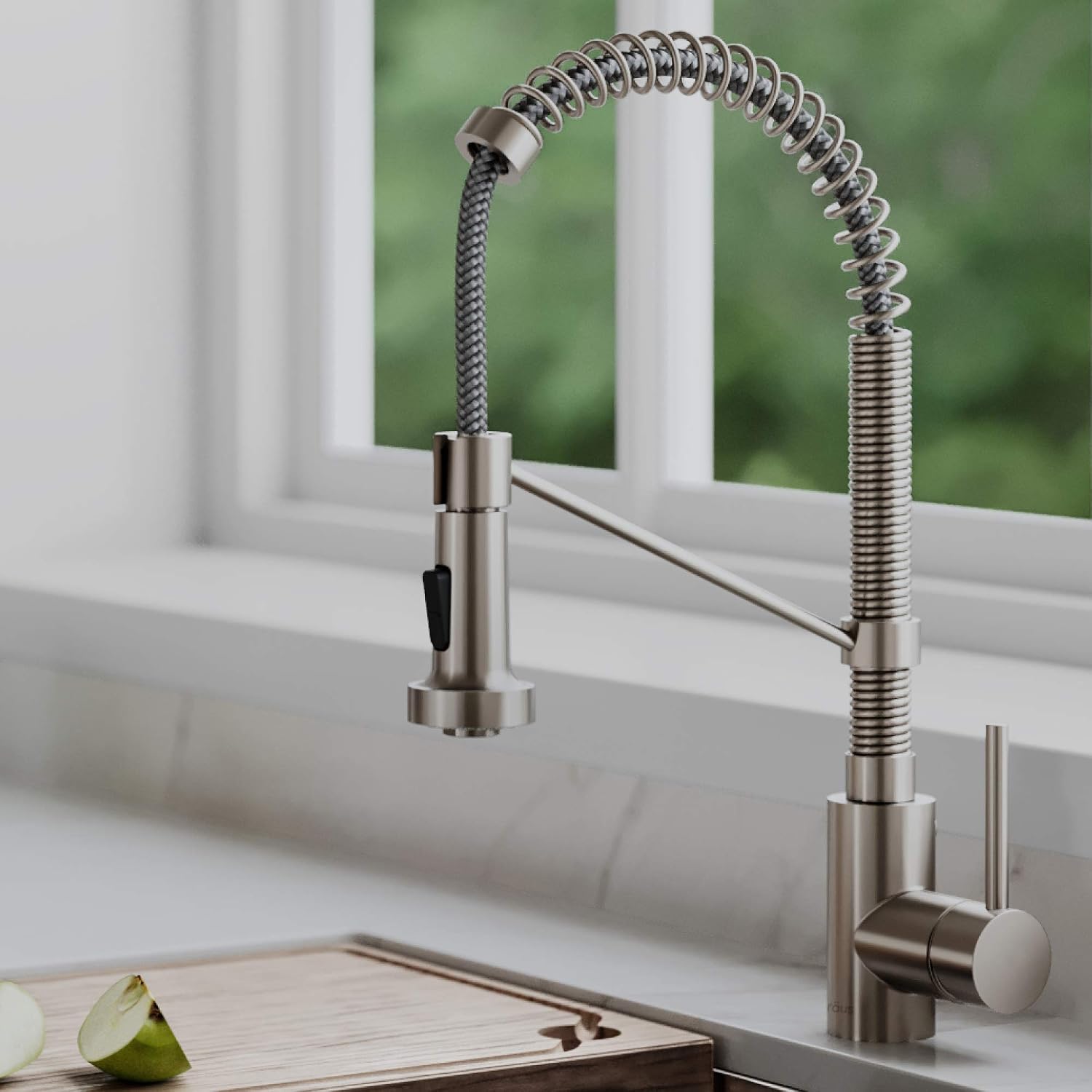 KRAUS Bolden 18-Inch Single Handle Spot Free Stainless Steel Commercial Style Pull-Down Kitchen Faucet with Soap Dispenser, KPF-1610SFS-KSD-43SFS